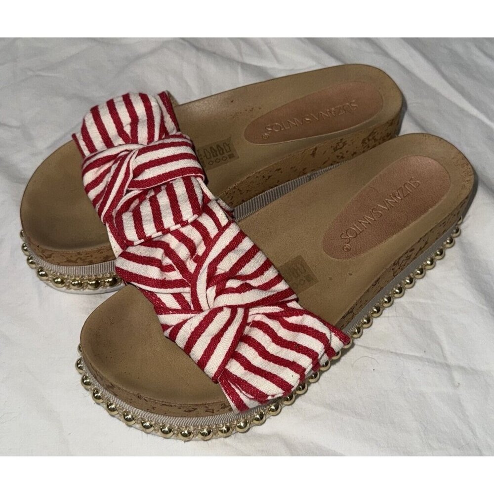 Suzana Santos Slide Sandals Womens Size 6 Red White Stripe Chunky Gold Beads